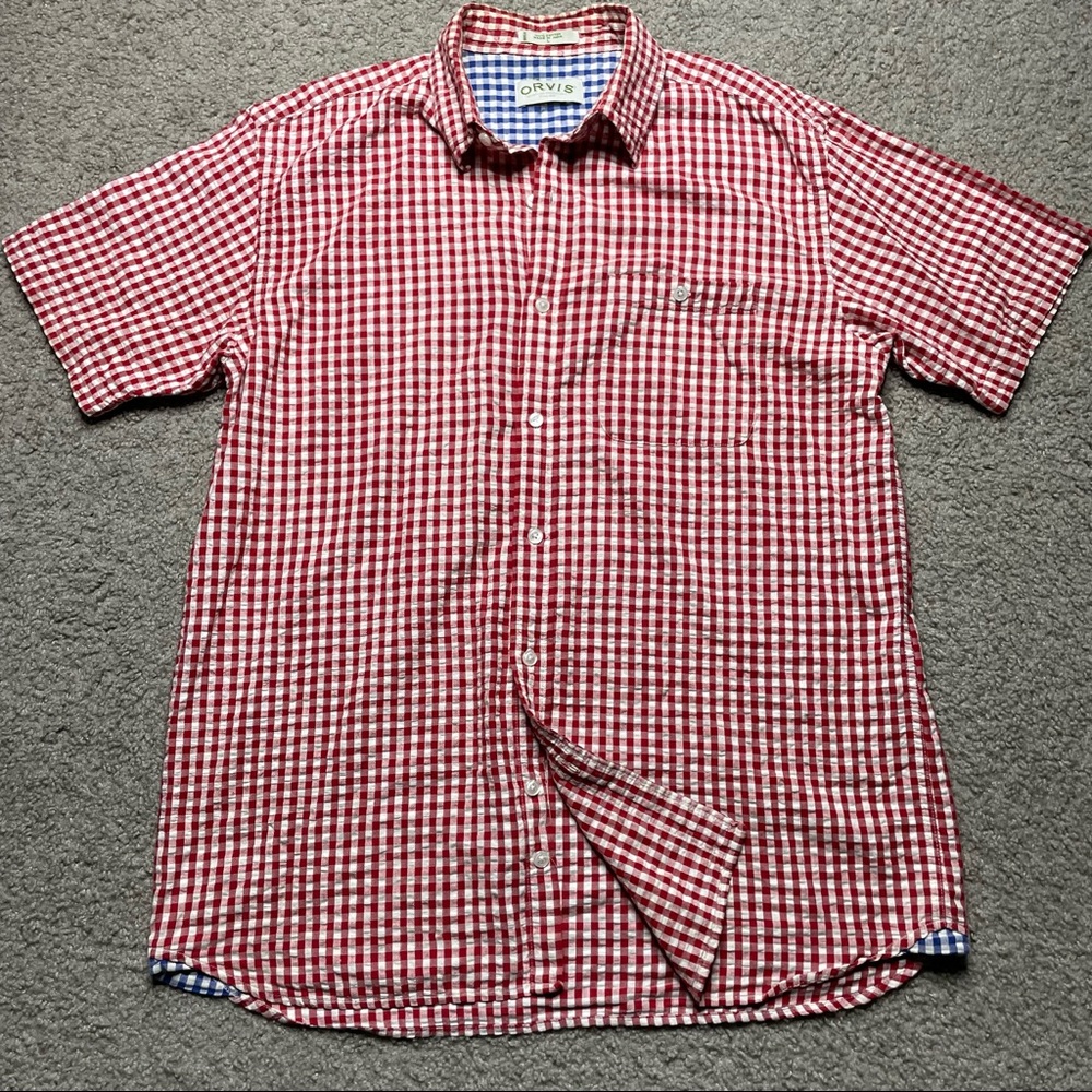 Orvis Short Sleeve Shirt Soft Cotton Check Red Mens Large